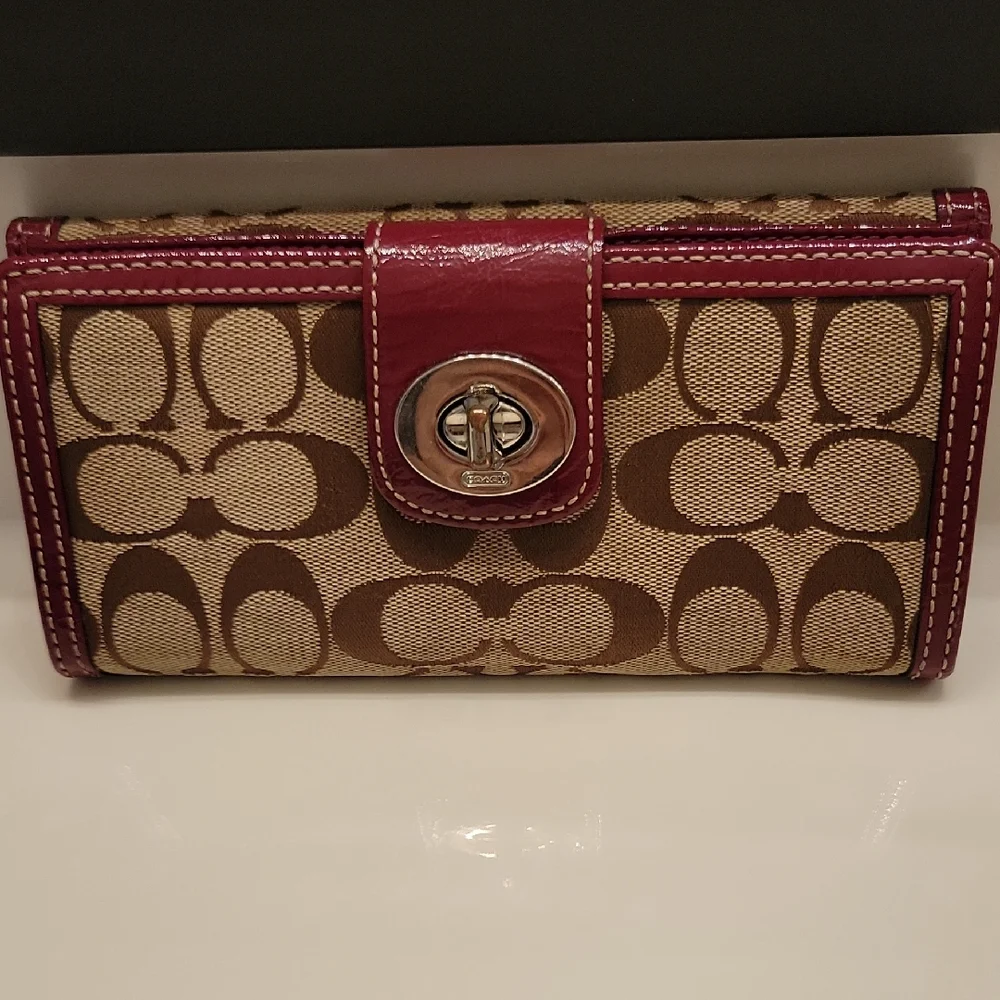 Coach Brown and Burgundy/Pink Wallet Signature Collection - Picture 1 of 14